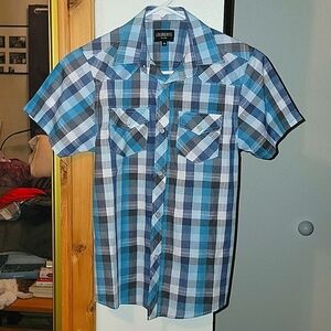 Button down shirt by Gioberti. Grey, blue and white. Size 10.